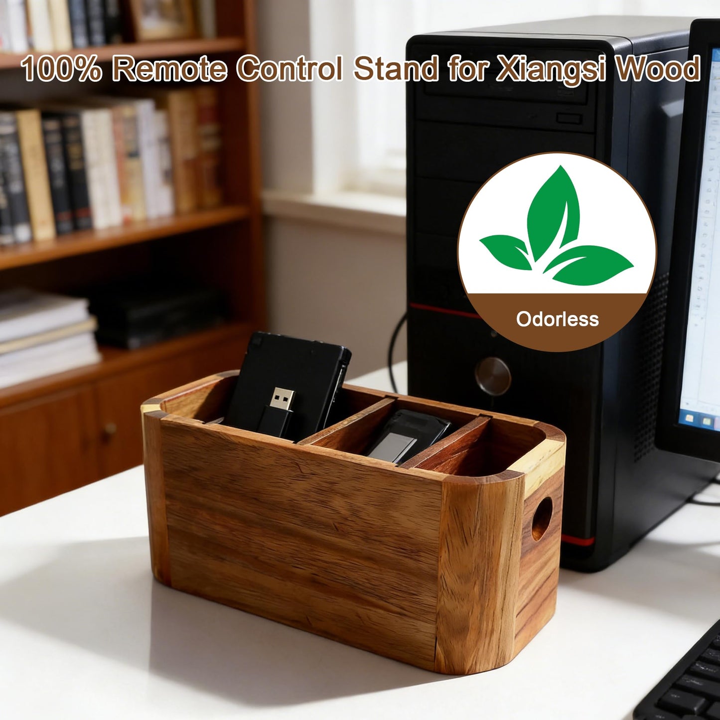 LEEBICHEN Acacia Wood Remote Control Holder, TV Remote Holder - 4 Compartment Remote Control Storage Organizer, Small Wooden Desktop Caddy for Coffee Table, Nightstand, Living Room, Office, Vanity