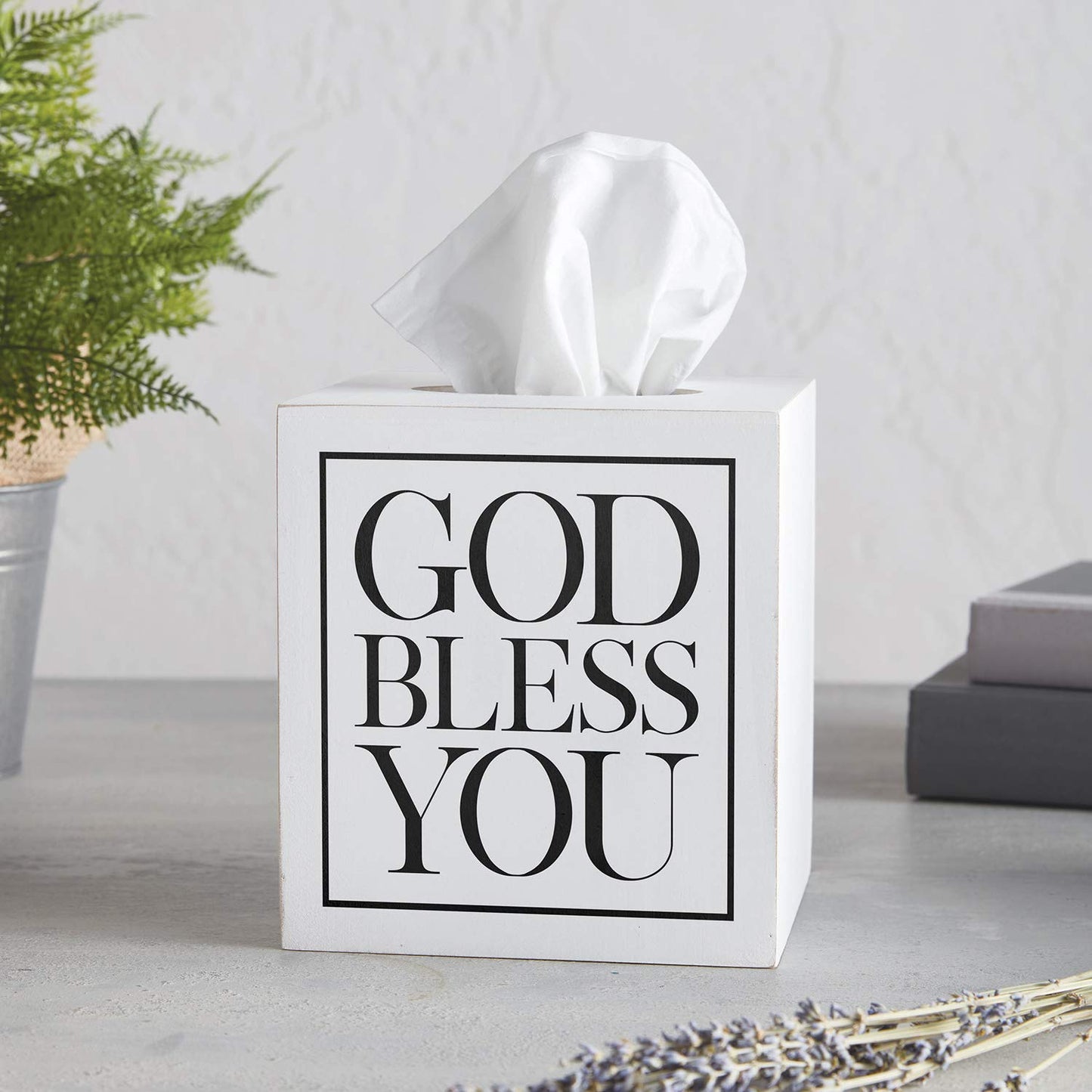 Creative Brands Faithworks - God Bless You Wooden Tissue Box Cover, Small, White