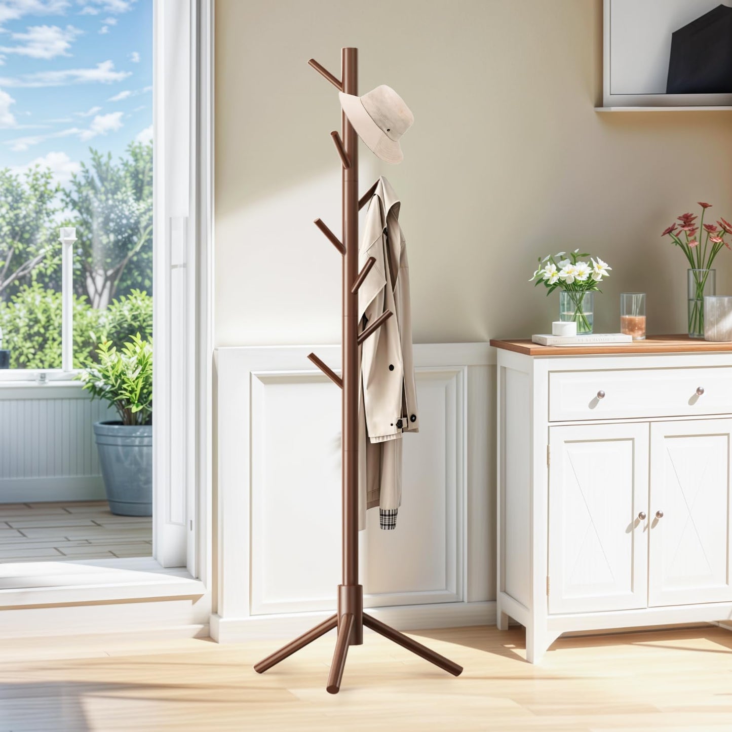 OUTGAVA Wooden Coat Rack Freestanding with 8 Hooks,Easy Assembly New Zealand Pine Tree Coat Racks, 3 Adjustable Sizes for Clothes, Hats, Bags, for Entryway, Hallway, Bedroom, Office (Brown, 1 PC)