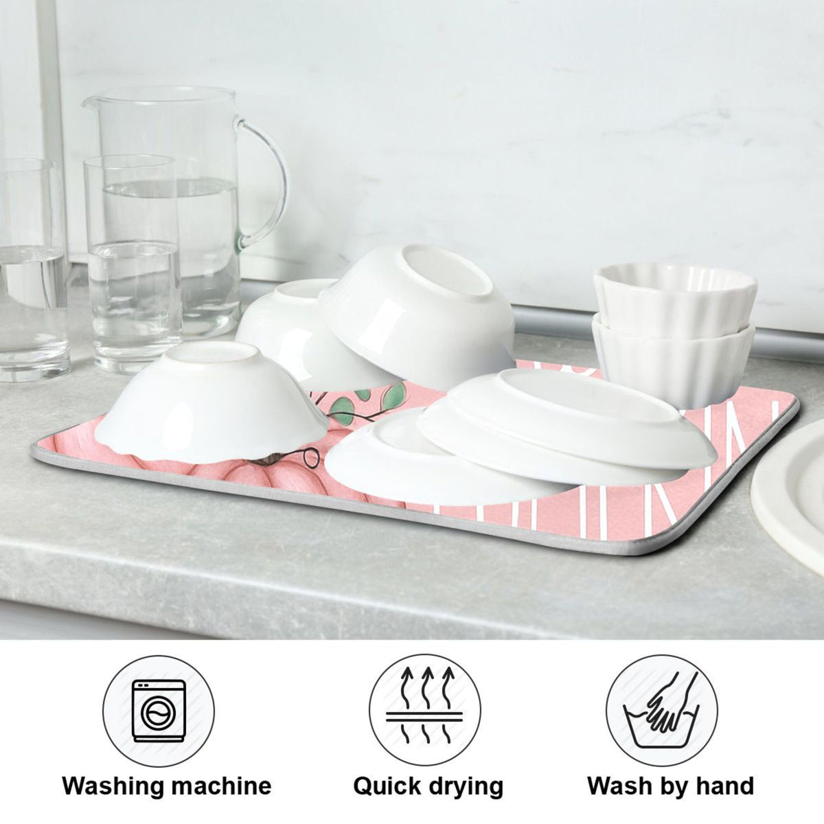 Hello Pumpkin Pink Dish Drying Mat for Kitchen Countertop 16x18 Fall Leaves Rectangle Small Drying Mat Reusable Quick Dry Dish Sink Absorbent Mats Dishwasher Easy Clean Decorative Home Essentials