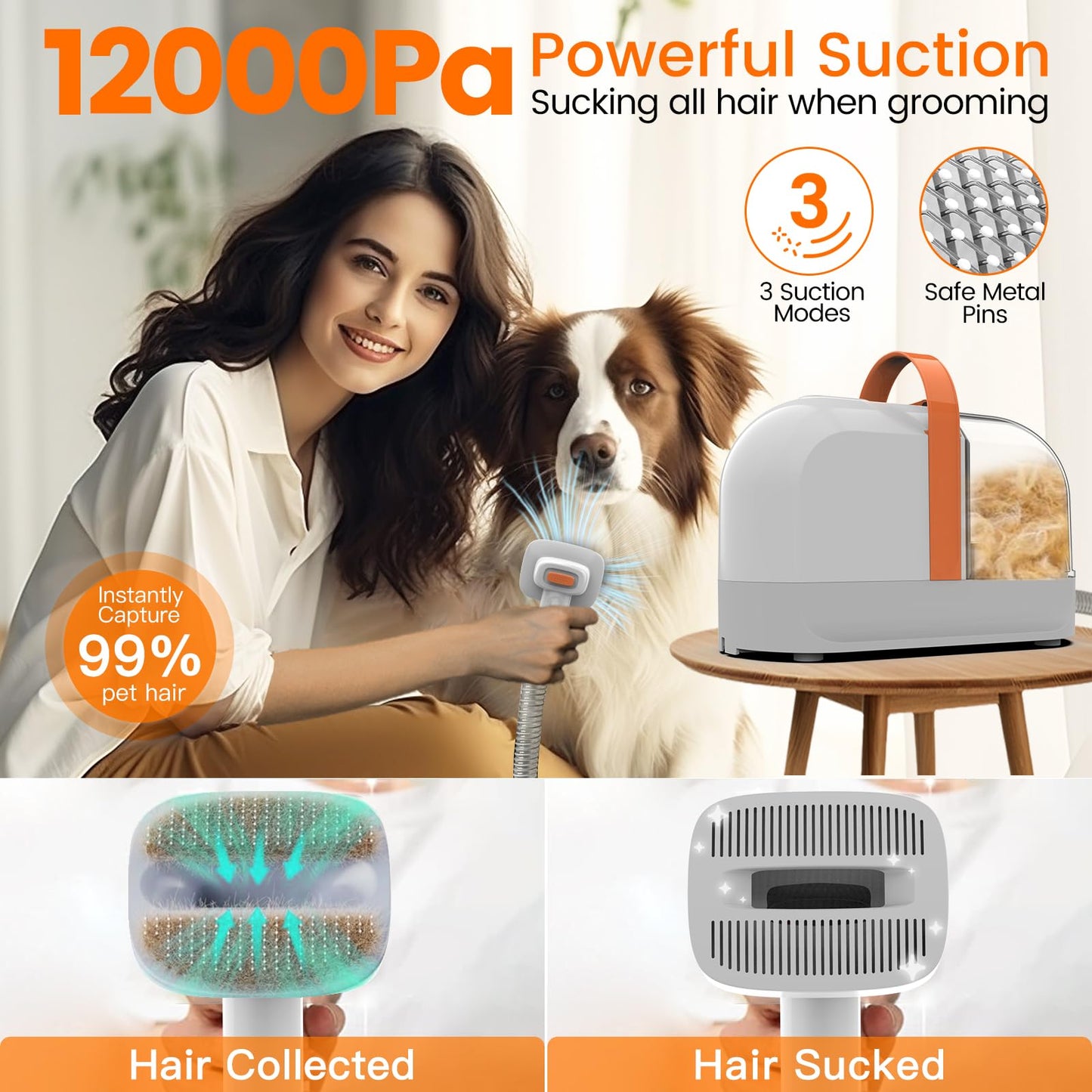 ubrobo Dog Grooming Vacuum, Dog Grooming Kit with Pet Clippers, 12,000Pa Pet Hair Grooming Vacuum for Dogs, Vacuum Brush for Shedding Grooming, Low Noise Home Cleaning Tool in 1, PG10