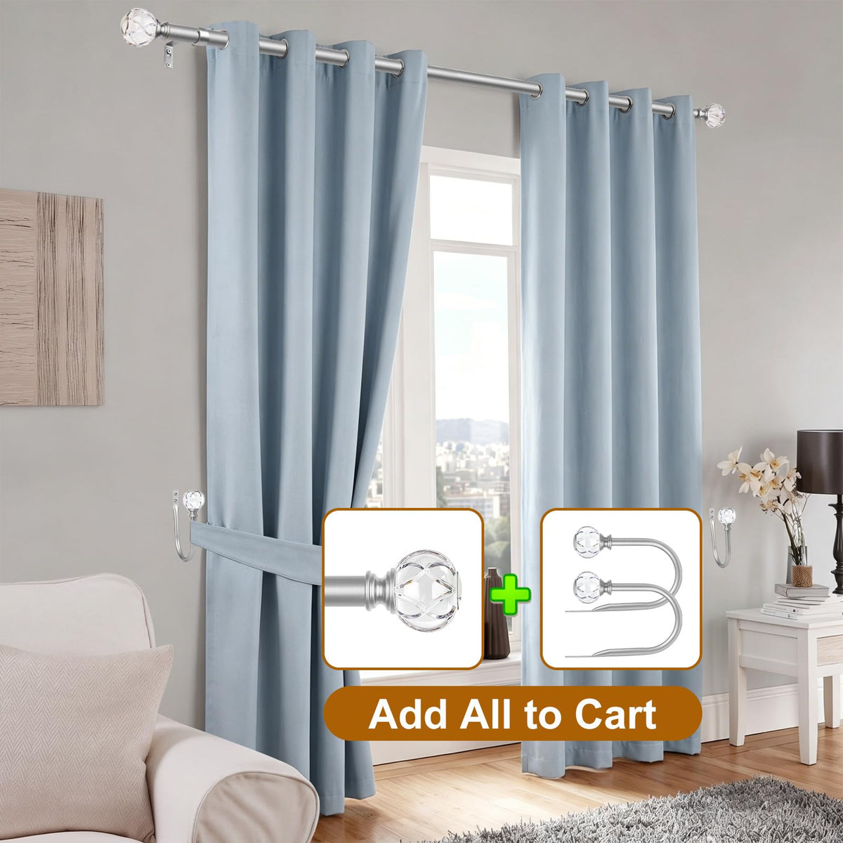 KAMANINA Curtain Holdbacks 2pcs, Silver Curtain Tiebacks Wall Mounted Window Curtains Hooks, Decorative Holders for Drapes with Crystal Finials(5.4" L × 4.1" W)