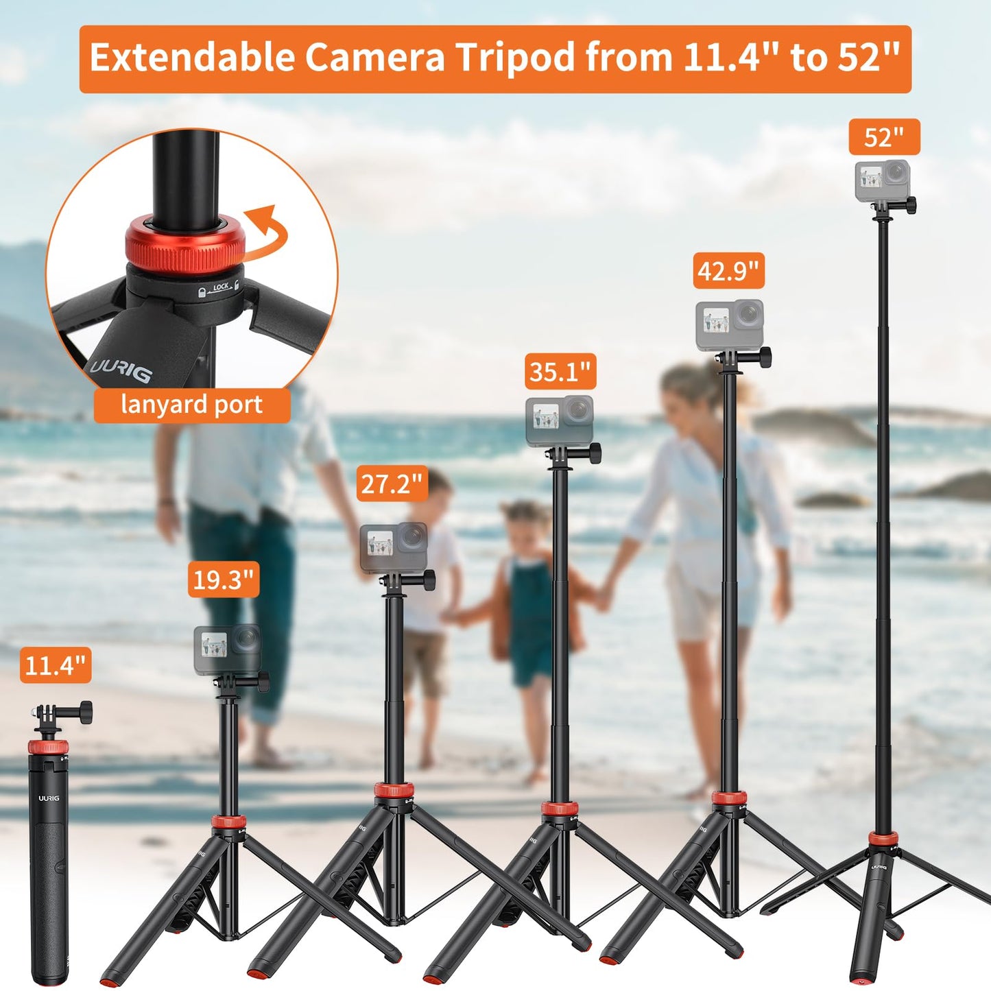 UURig Extendable Selfie Stick Tripod for GoPro Max Hero 10 9 8 7 6 5 4, DJI Osmo Action, Insta 360 One R and More Action Camera(50.7'')