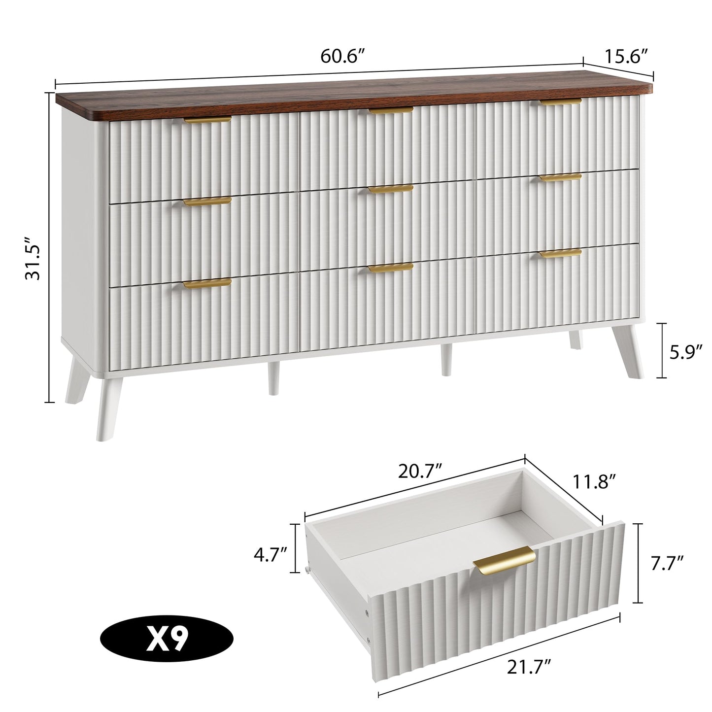 GarveeHome Fluted Dresser for Bedroom with 9 Deep Drawers, 60.6 in Wide Modern Chest of Drawers, Wooden Dresser TV Stand, Curved Profile Design, for Living Room, Kids Room, Hallway, White