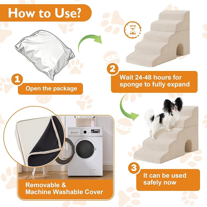 Dog Stairs for Bed 19.5’’ H, 4-Step Dog Steps for High Bed, Pet Stairs for Small Dogs and Cats to Get on Beds, Couch, Non-Slip Balanced Pet Steps and Ramp with Waterproof Cover and Tunnel, Beige