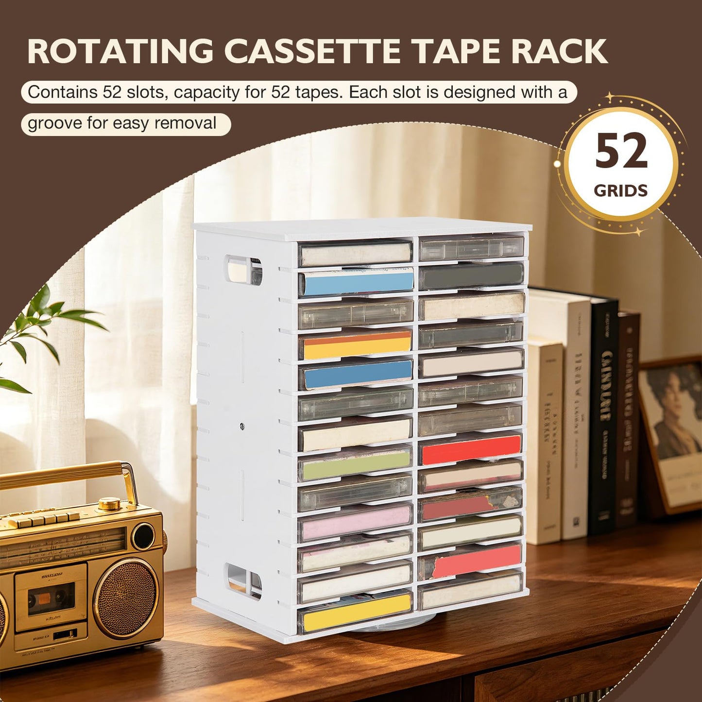 Arkiya Rotating Cassette Tape Storage Holder, 52 Slot Cassettes Organizer Rack, Audio Cassette Tape Display Shelf, Ideal Gift for Cassettes Collectors