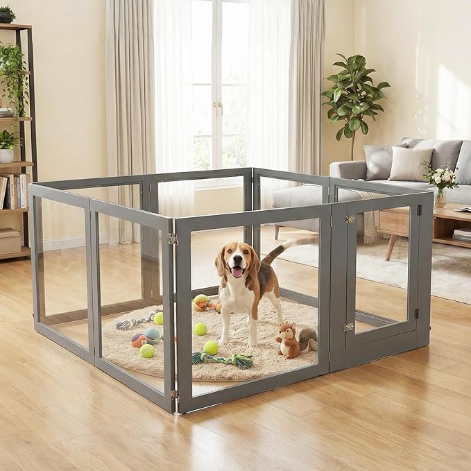 Heavy Duty Clear Acrylic Dog Playpen for Small/Medium Pets โ 32" High Clear Pet Pen with Sturdy Metal Frame, Walk-in Kennel, Expandable Indoor & Outdoor Pet Play Yard (Grey, 8 Panels Including Door)