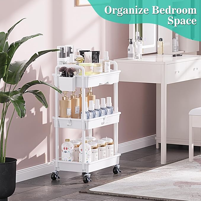 SUNALLY 3 Tier Rolling Cart with Drawer, Bathroom Storage Organizer with 2 Lockable Wheels, Multifunctional Rolling Storage Cart for Bathroom, Kitchen, Office, Craft, Makeup, Baby Essentials, White