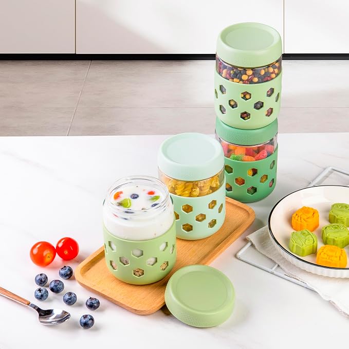 MICEBAY 16oz Overnight Oats Containers with Silicone Sleeves, 4-Pack Wide Mouth Glass Mason Salad Jars with Airtight Lids, BPA-Free Dishwasher Safe Leak-Proof Chia Seed Pudding Jar Meal Prep Container