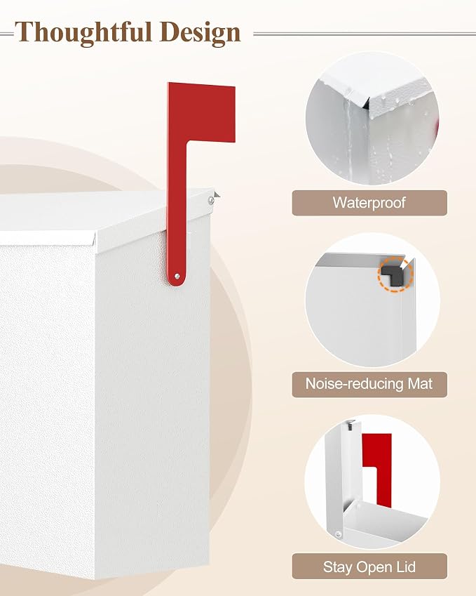 Wall-Mount Mailbox for Outside, Large Capacity Rust-Proof Mail Box with Stay-Open Lid & Red Flag Kit, Galvanized Steel Weather-Resistant Post Box for House Outside, 10.5"x4.3"x14.2", White
