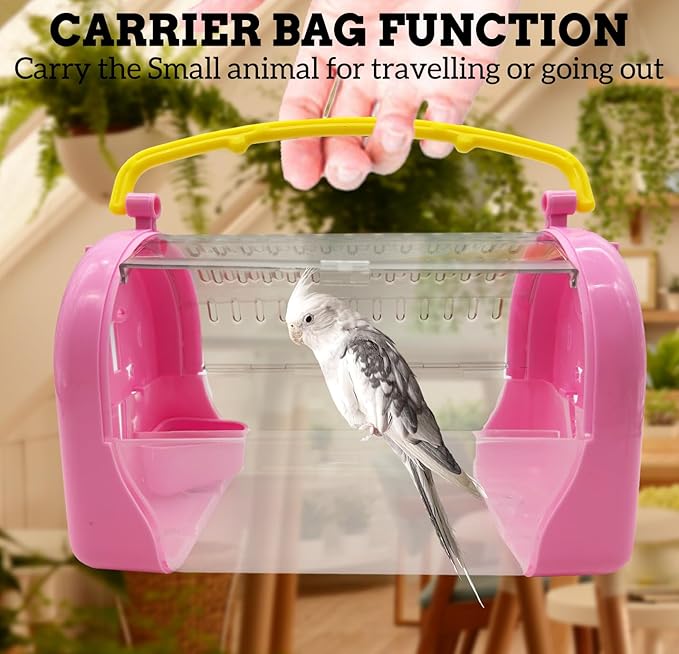 kathson Hamster Cage Travel Carrier Portable Cage with Water Bottle Outgoing Cage and Adjustable Strap Pet Cage for Small Pet Hedgehog Sugar Glider Squirrel Mice(Pink)