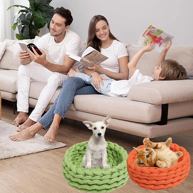 Woven Dog Bed Basket, Knitted Cotton Cat Bed Round Washable Woven Cat Pet Bed Chunky Dog Basket, Orthopedic, Chunky Knit Dog Nest,Dog Bed,Dog Cave,Dog Bedding(Gray,23")