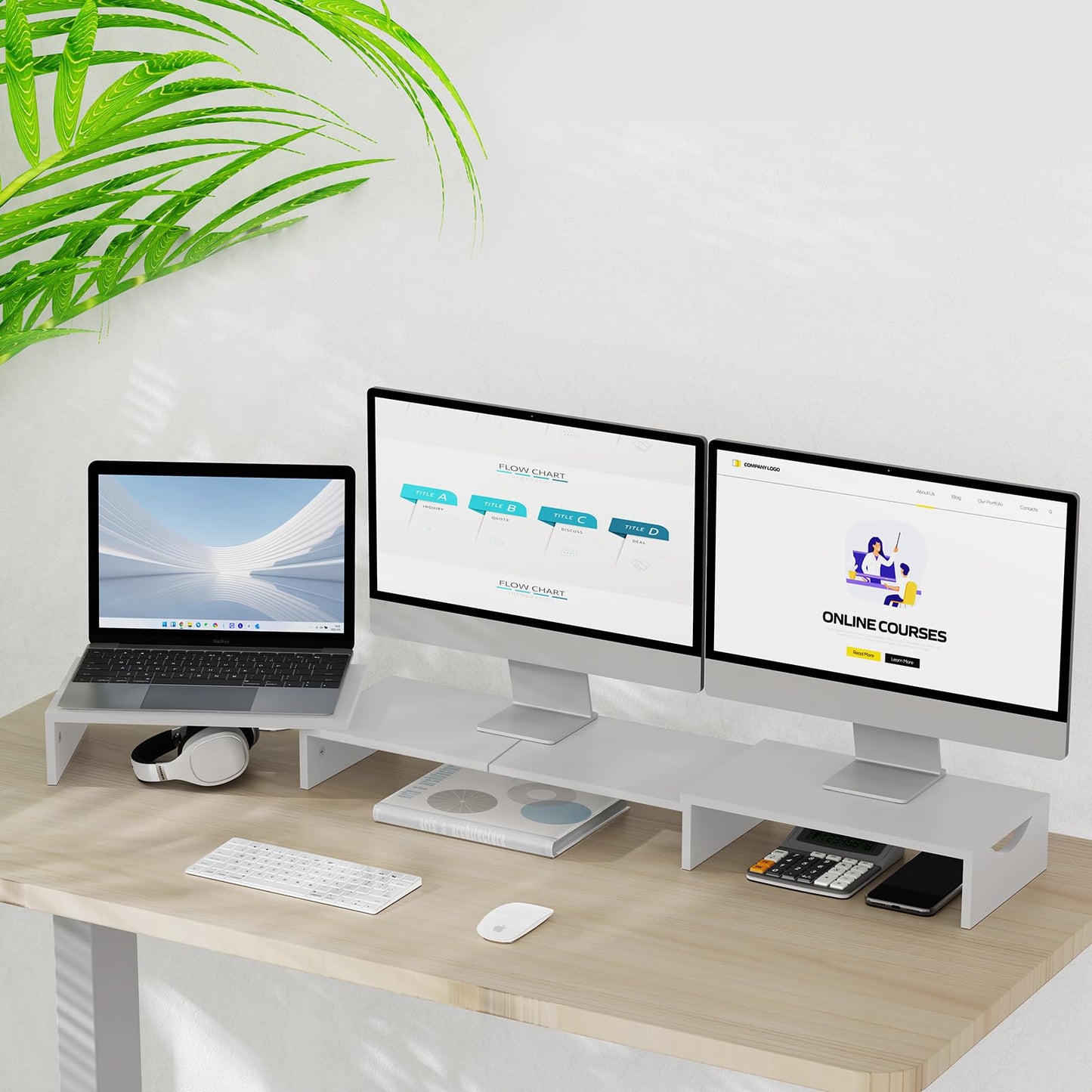 ErgoFocus Triple Monitor Stand Riser, Extra Long Monitor Lift for 3 Monitors, Dual Monitor Stand with Length and Angle Adjustable