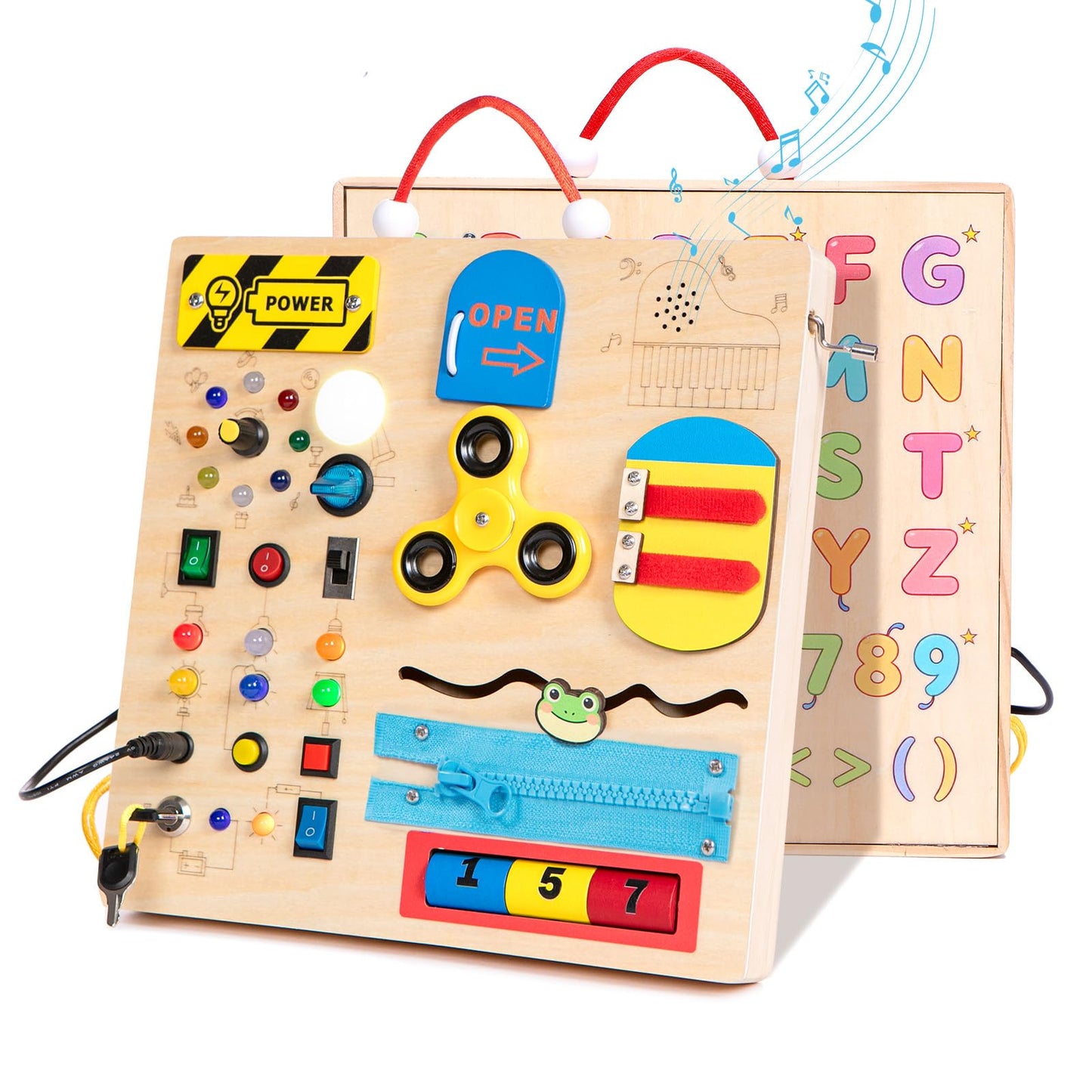 GNAYUIJ Wooden Busy Board Montessori Toy for Toddlers,Educational Learning Toy for 1 2 3 Year Boys & Girls,Sensory Activity Board with LED Light & Music Boxes, Travel Toys for Kids Birthday Gift