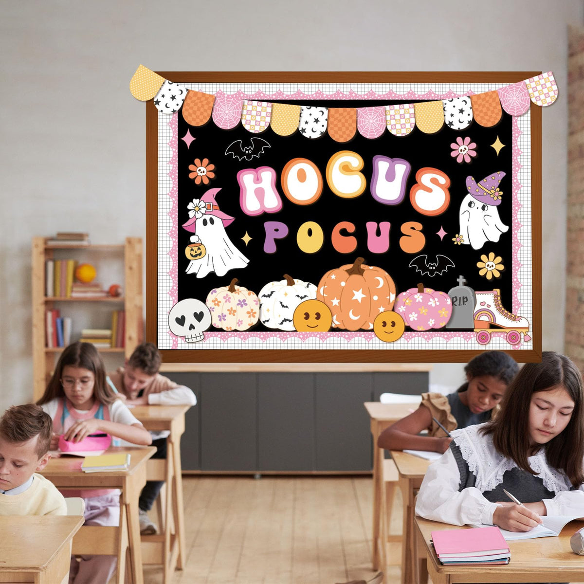 Pasimy Halloween Bulletin Board Decorations Set Halloween Theme Classroom Decor Spider Bat Ghost Pumpkin Cutouts with Borders for Home School Party Supplies (Hocus Pocus)