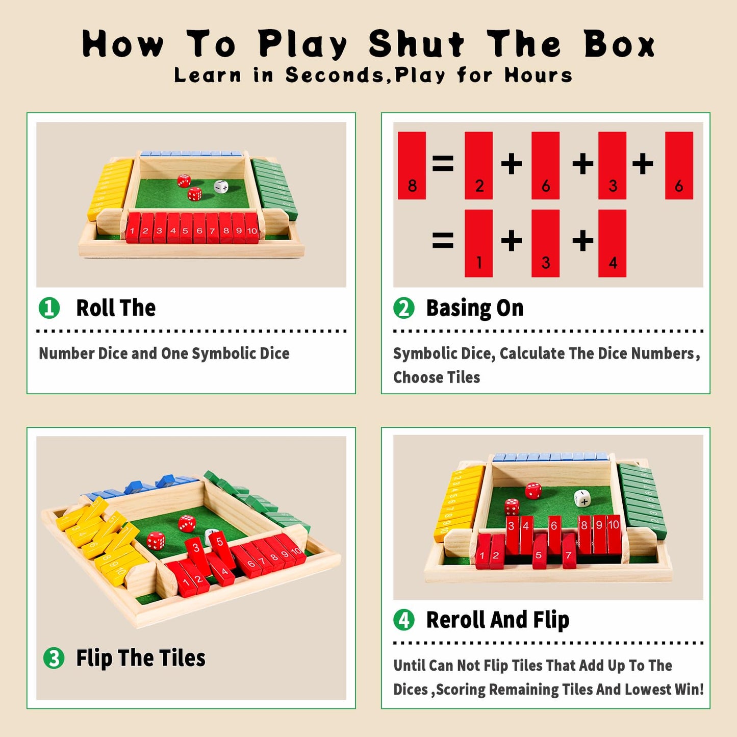 Elanbells Shut The Box Dice Game for 2-4 Player Wooden Dice Game Math Games Close The Box Family Dice Board Games for Kids Adults, Tabletop Version Games for Classroom, Home, Easter Day, Party or Pub
