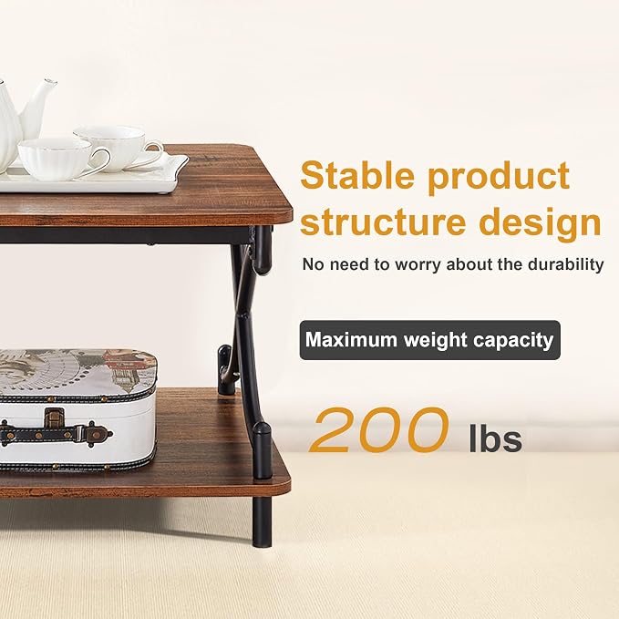 VECELO Coffee Table for Living Room with Round Corners Modern Farmhouse Center Table with Storage Shelf for Home Office 39 Inch, Easy Assembly, Retro Brown