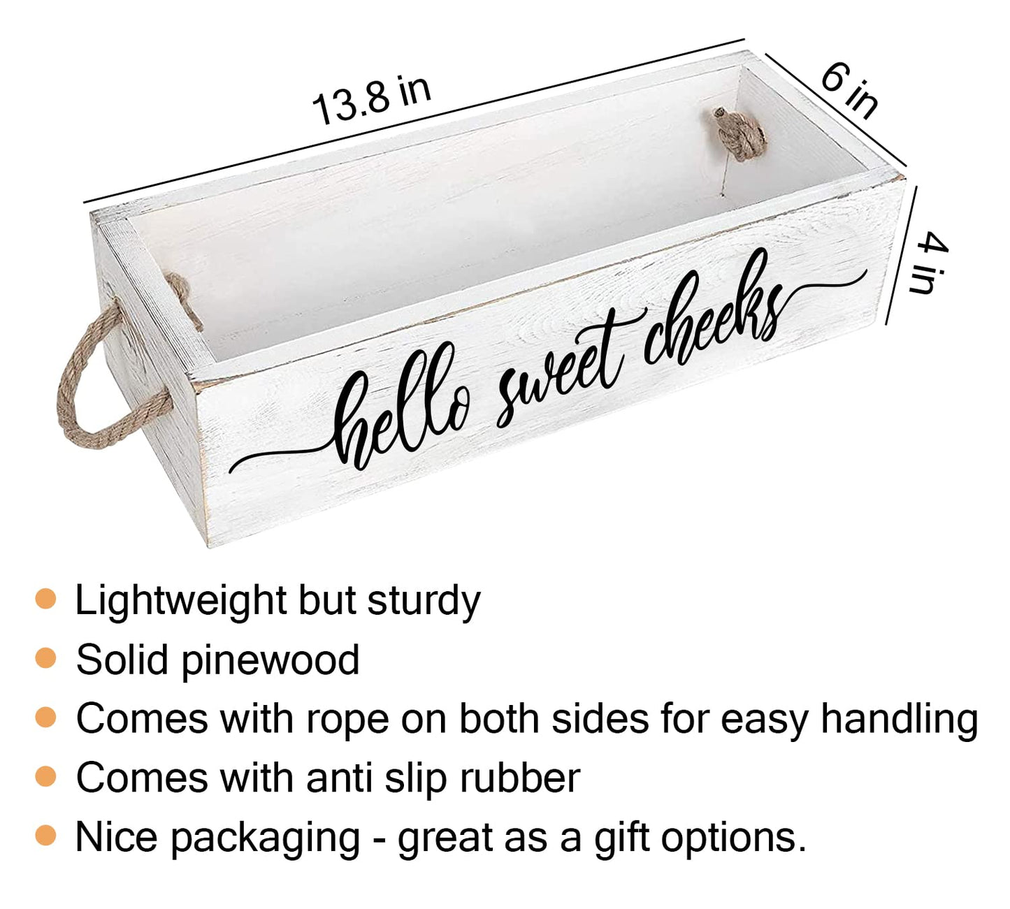 PZJIEAN Funny 2 Sides Hello Sweet Cheeks White Bathroom Decor Box with Handle, Farmhouse Bathroom Decor Box for Toilet Paper, Back of Toilet Organizer