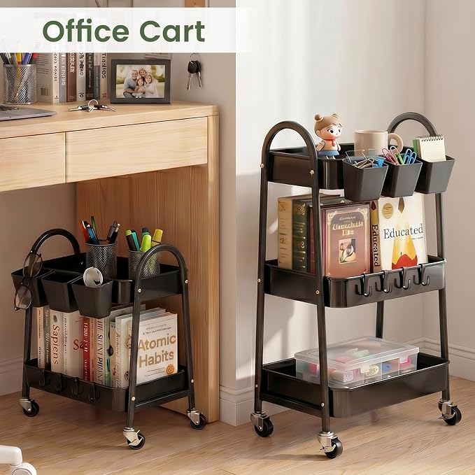 danpinera 2-Tier Rolling Cart, Utility Cart Mobile Metal Rolling Storage Cart with Lockable Wheels & Hanging Cups & Hooks for Kitchen, Bathroom, Office, Workshop