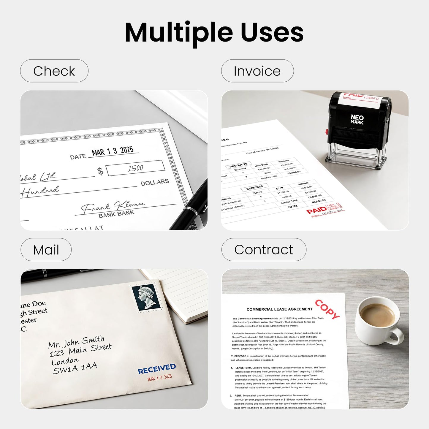 NEO MARK Large Self-Inking Date Office Stamp with Paid Blue Ink & Date Red Ink, 12-Year Adjustable Rubber Dater, Ideal for Documents, Business & Accounting - with an Extra Refill Ink Pad