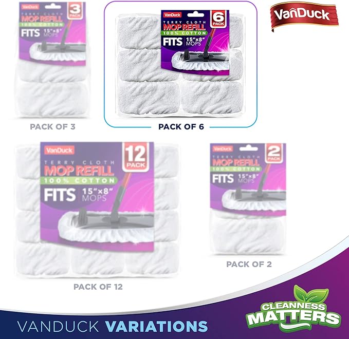 VanDuck 100% Cotton Terry Cloth Mop Pads 15x8 Inch 6-Pack