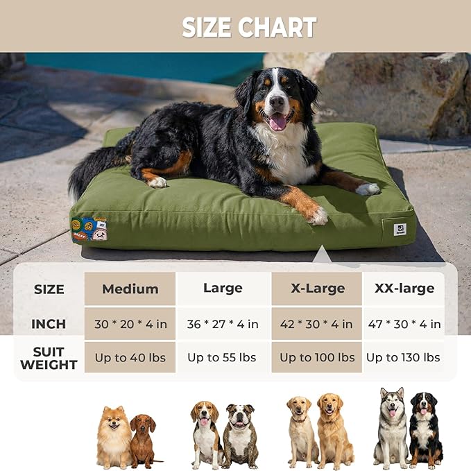 Sytopia 36 Inch Canvas Outdoor Dog Bed for Large Dogs, Durable Indoor Patio Pet Pad for Crate, Great Gift for Pets with Waterproof Machine Washable Removable Cover, Green