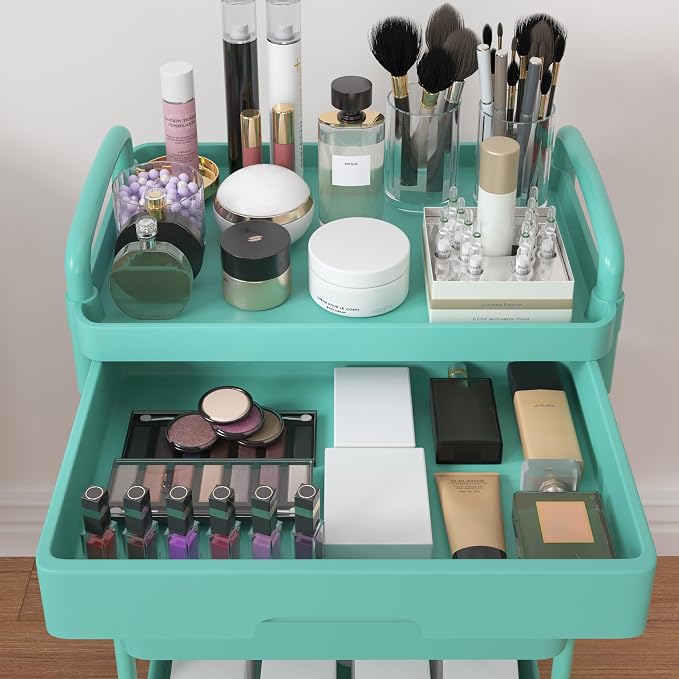 Calmootey 3-Tier Rolling Utility Cart with Drawer,Multifunctional Storage Organizer with Plastic Shelf & Metal Wheel,Storage Cart for Kitchen,Bathroom,Living Room,Office,Green