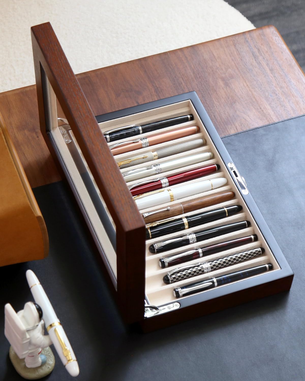 Besforu 12-Slot Fountain Pen Collector Case – Lockable Wooden Organizer with Glass Display Top, Premium Storage Box for Writing Instruments and Gift for Men