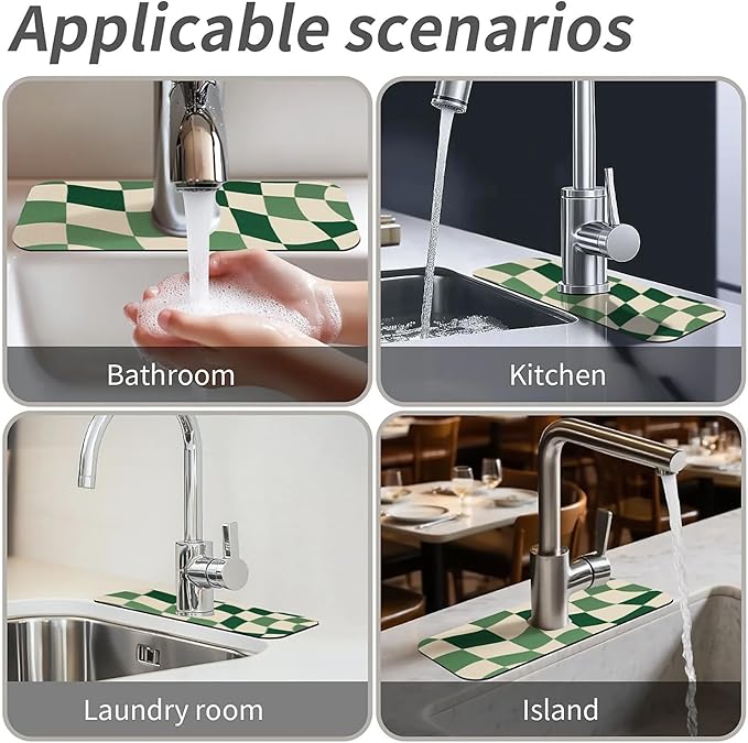 Kitchen Sink Splash Guard,Green-and cream checkered Faucet Mat Sink