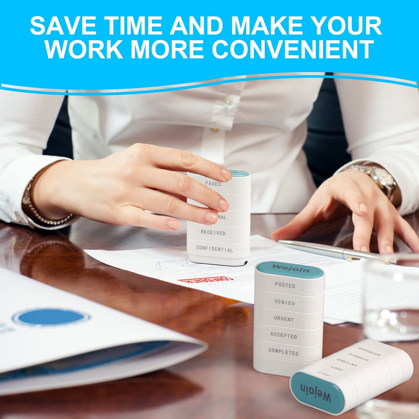Office Supplies Set, Self Inking Stamps for Office Use Set, Pre-Inked Rubber Stamp of “Paid Copy Entered Scanned Approved Posted Denied Urgent Accepted Completed” for Business Accounting Finance