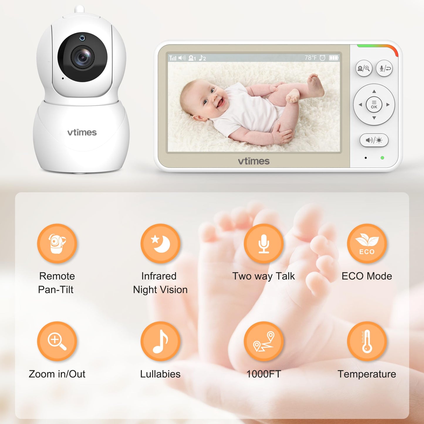 VTimes 5'' Screen Video Baby Monitor with Camera and Audio, 32-Hour Battery, Baby Monitor No WiFi Remote Pan-Tilt-Zoom VOX, Two-Way Talk Night Vision Temperature Display Alarm 8 Lullabies and 1000ft