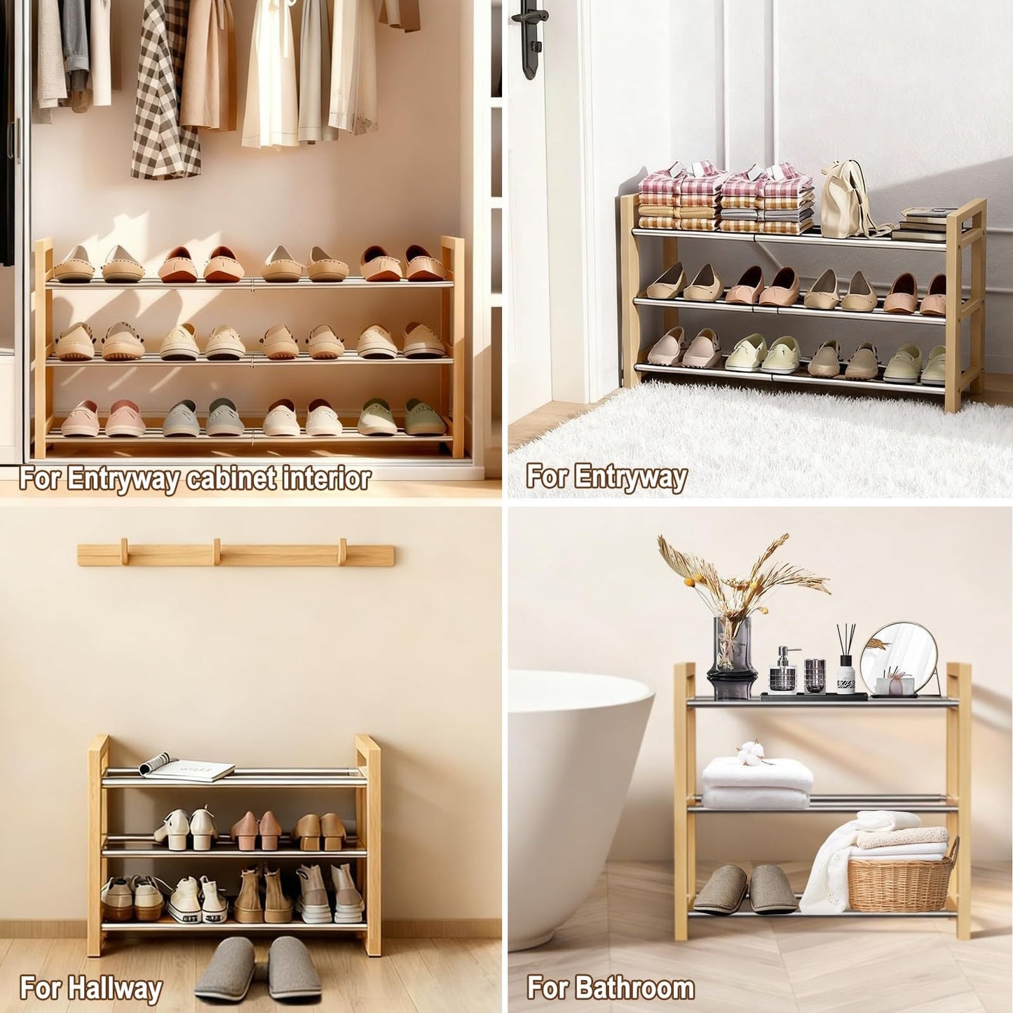 THENNIKIGO Shoe Rack Wooden, Oak Expandable Shoe Organizer, 3-Tier Stainless Steel Shoe Shelf, 17.7“-31.4” Shoe Storage 6-12 Pairs, for Closet, Garage, Narrow Spaces, Entryway, Door Entrance