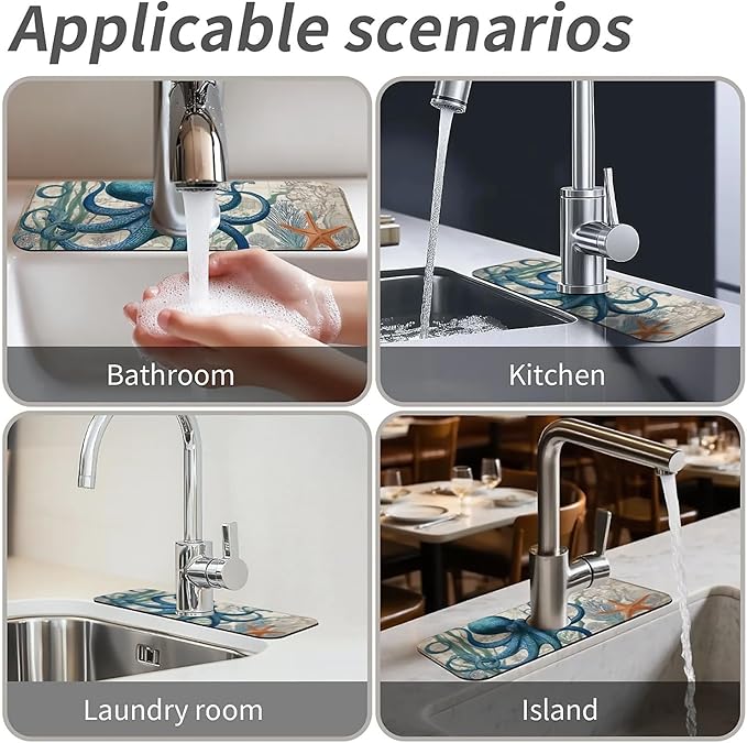 Kitchen Sink Splash Guard,Blue-octopus Faucet Mat Sink Gadgets-Super Absorbent