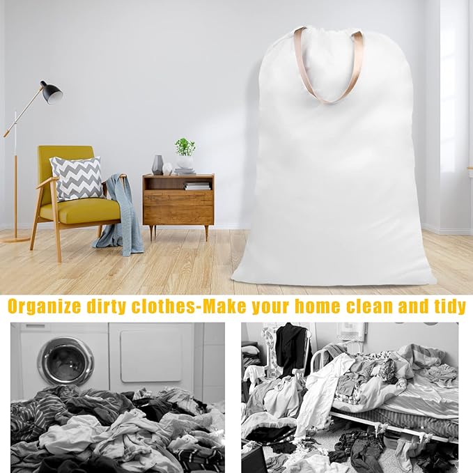 Cotton Canvas Laundry Bag with Handles & Drawstring Straps, Heavy Duty Extra