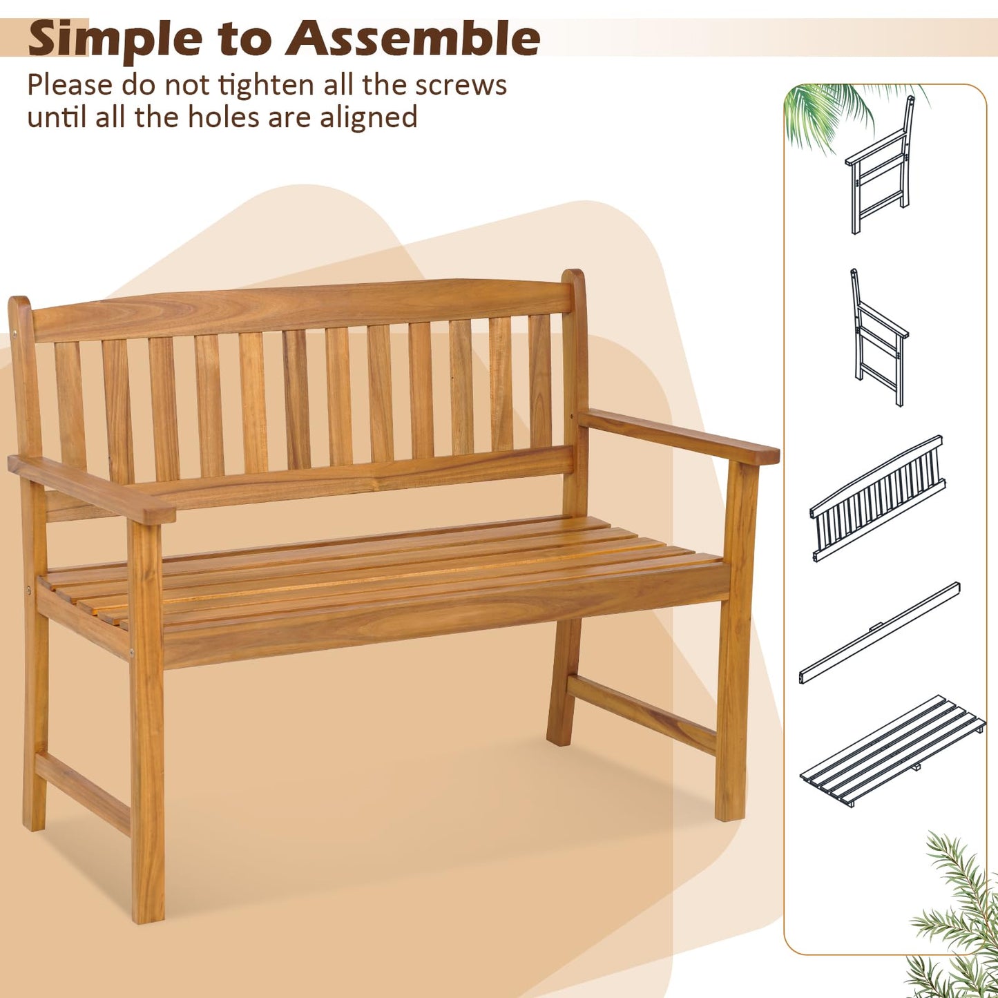 Tangkula Outdoor Acacia Wood Bench, 2-Person Garden Bench with Backrest and Armrests, Garden Bench with Slatted Seat for Porch, Park, Backyard, 800 Lbs Max Load, 43” L x 22” W x 34” H, Natural