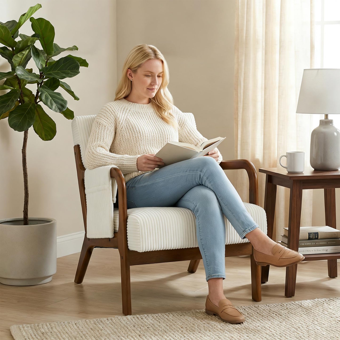 DUMOS Mid Century Modern Accent Chair, Upholstered Armchair with Lumbar Pillow and Solid Wood Frame, Comfy Reading Chair for Small Living Room, Bedroom, Guest Room, Beige