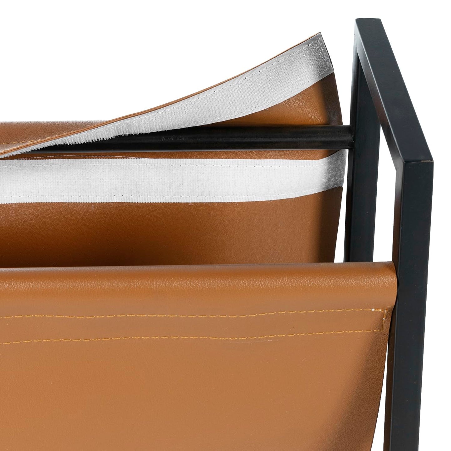 MyGift 15 Inch Modern Caramel Leatherette Magazine Holder with Rectangular Black Metal Frame, Floor Standing Faux Leather Book Storage Newspaper Rack, Home Bathroom Decor