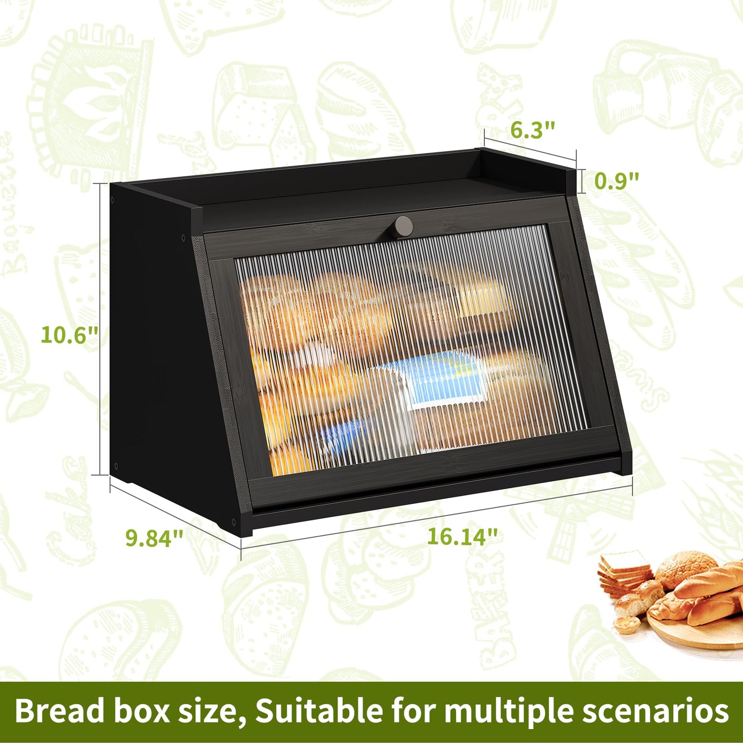 BMOSU Bread Box for Kitchen Countertop Large Capacity Corner Bread Box Farmhouse Bread Container Bread Storage Bread Holder (Black, Large)