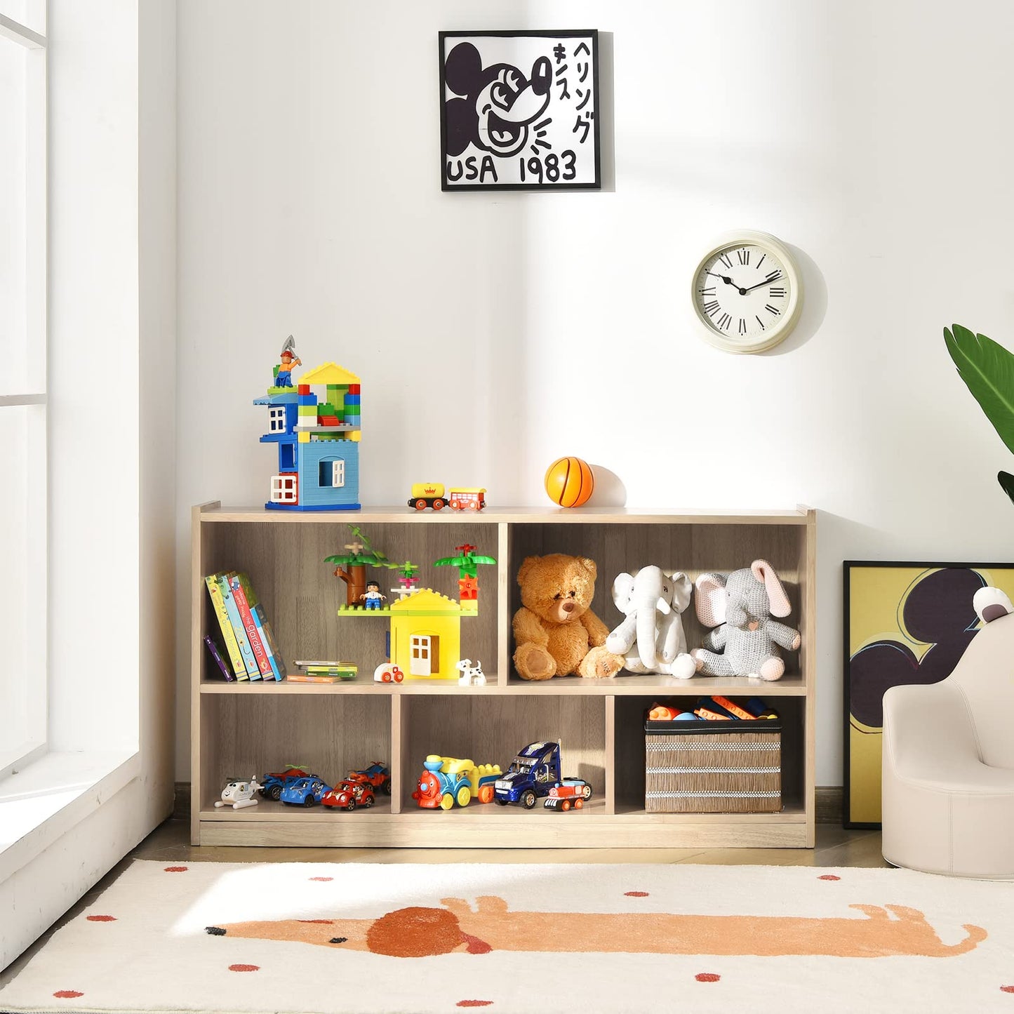 Costzon 2-Shelf Bookcase for Kids, Wooden Toy Storage Organizer for Books Toys, 5-Section Freestanding Classroom Daycare Montessori Bookshelf for Preschool, Home Playroom & Kindergarten