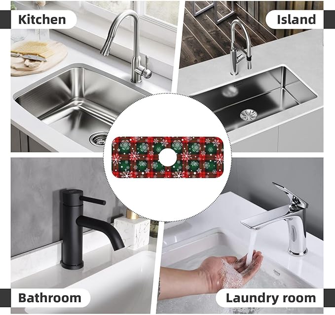 Merry Christmas Snowflakes Red Green Lattice Plaid Kitchen Sink Splash Guard