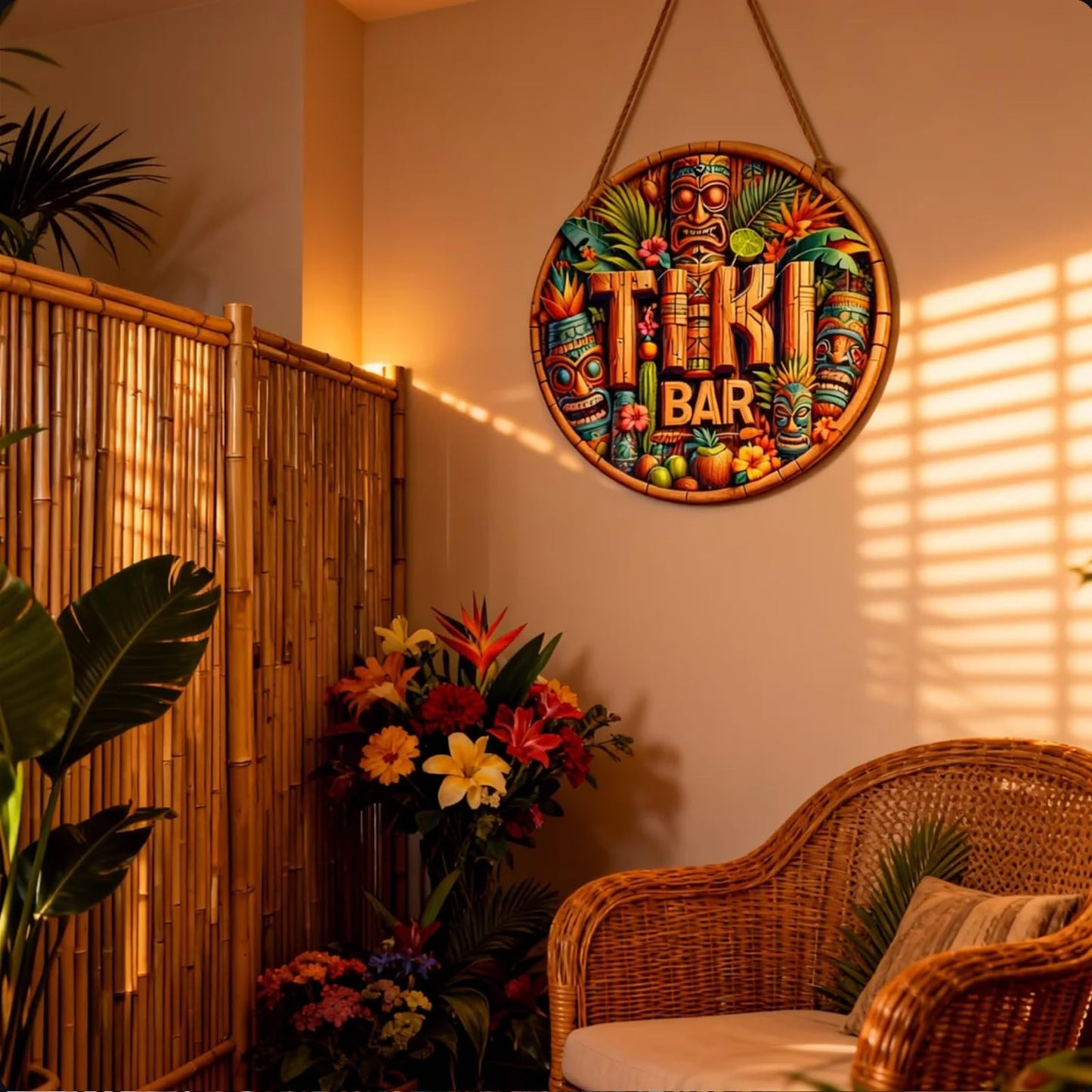 Tiki Bar Sign, Wooden Printed Tiki Decor Round Signs, Outdoor Signage with Tiki Statue (Style 1)