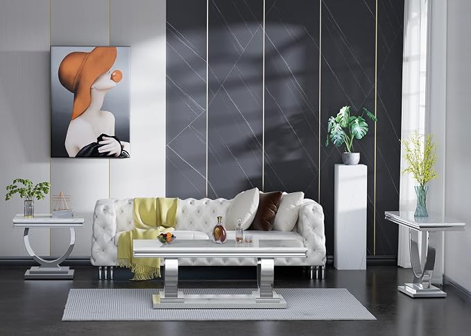 3 Piece Living Room Table Set Include 1 Faux Marble Coffee Table & 2 End Tables, Modern White Silver Coffee Table Set of 3 with Double O Shape Stainless Steel Pedestal Base
