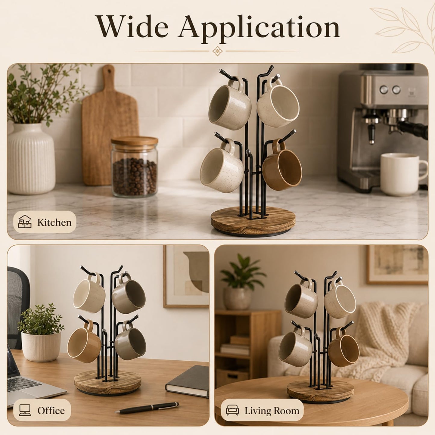 Skdqiee 360° Rotating Mug Tree, 2-Tier Countertop Coffee Mug Holder with Weighted Wooden Base, Metal Cup Hook Rack for Kitchen Coffee Bar & Home Decor