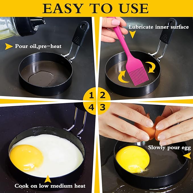 3-Pack 3.5'' Egg Rings Set with Silicone Handle, Stainless Steel Egg Cooking Rings,Nonstick,For Frying Eggs and English Muffins Pancake, Egg Mold Shaper For Breakfast