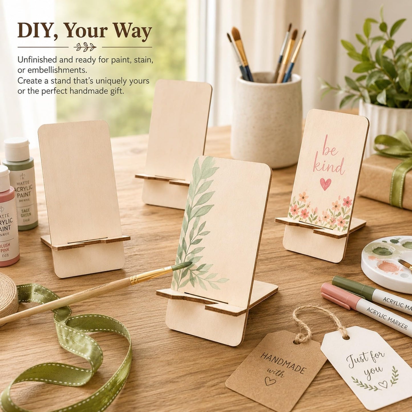 LOGOFUN 10pcs DIY Unfinished Wooden Phone Stand Blank Wood Phone Holder Creative Present for Birthday Friendship Craft