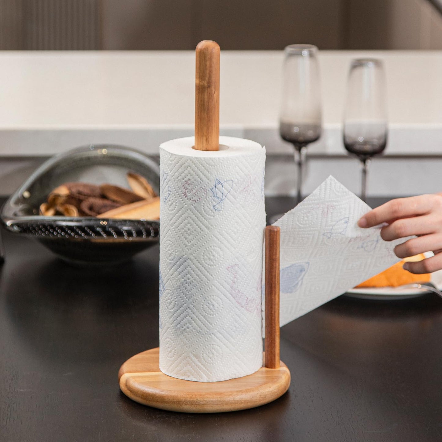 Paper Towel Holder Wood 14" Acacia Wooden Paper Towel Holder Countertop Kitchen Paper Towel Roll 6.7" Large Rustic Farmhouse Paper Towel Holders Heavy Base Stand Organizer Free Standing