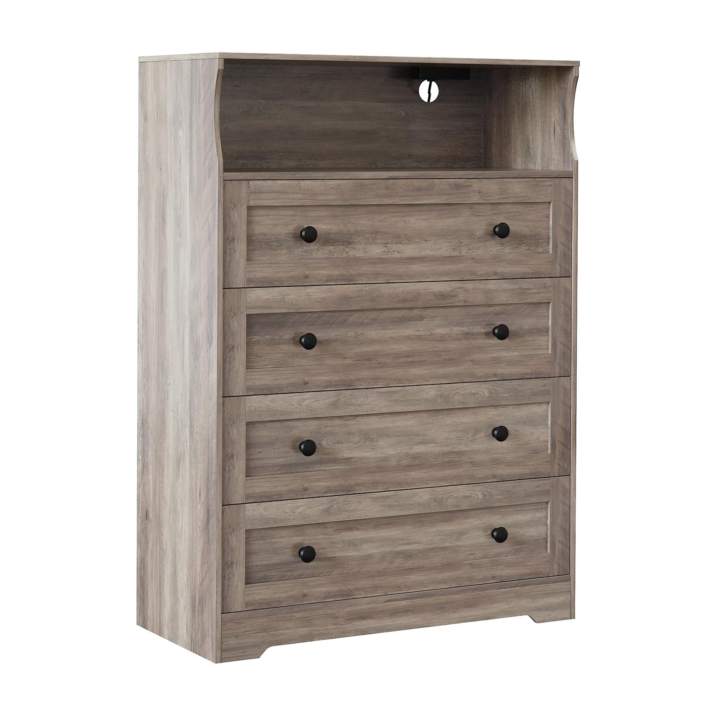 GarveeHome Tall Dressers with 4 Drawer Storage and LED Lights, Gray Wood Chest of Drawers with Charging Station for Bedroom, Living Room, Closet, Hallway, Wooden Nightstand Dresser for Bedside