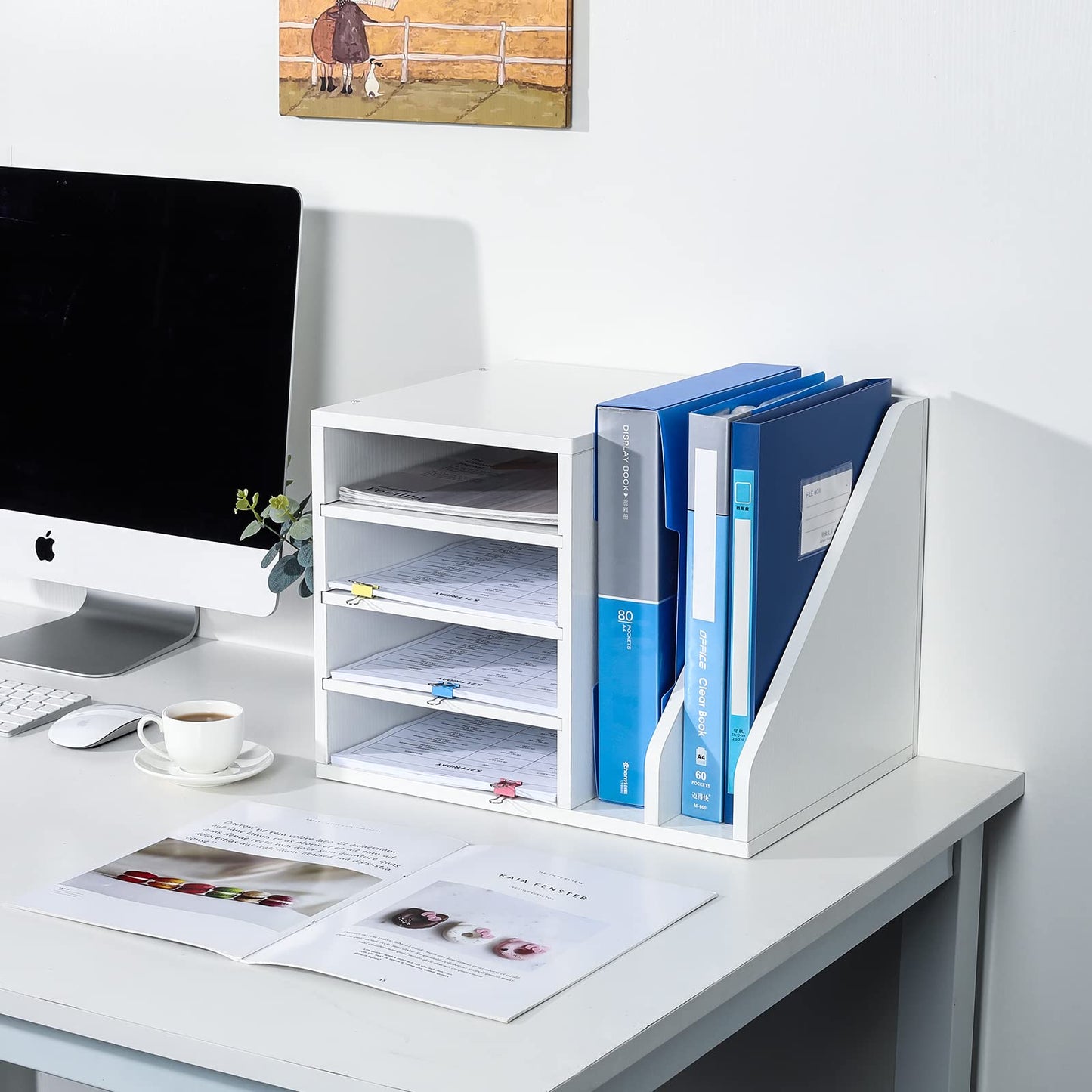 PAG Wood Desktop File Holder Organizer Mail Sorter, White, 15.35" W x 12.16" D x 11.81" H