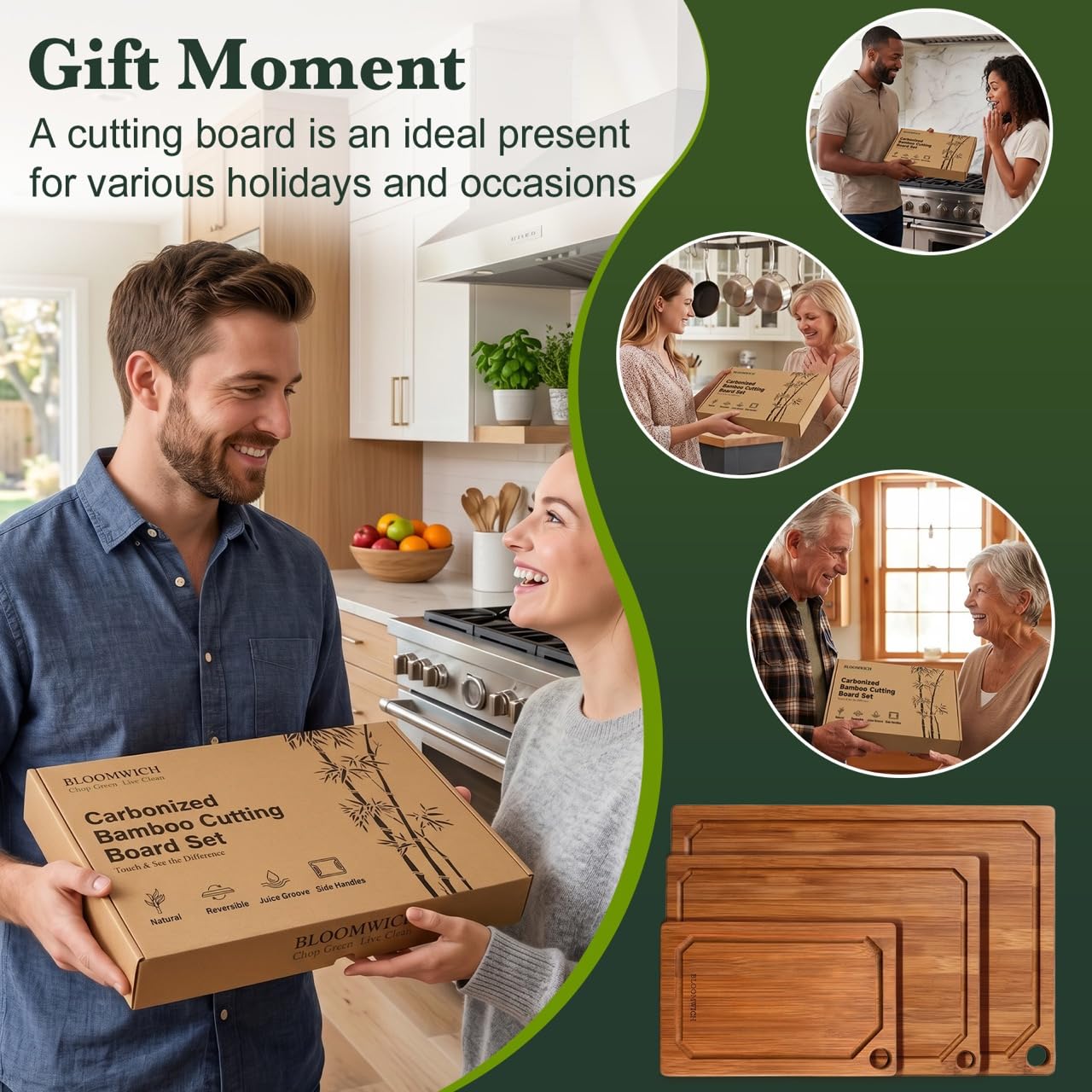 Carbonized Bamboo Cutting Boards for Kitchen Set of 3 Knife-Friendly