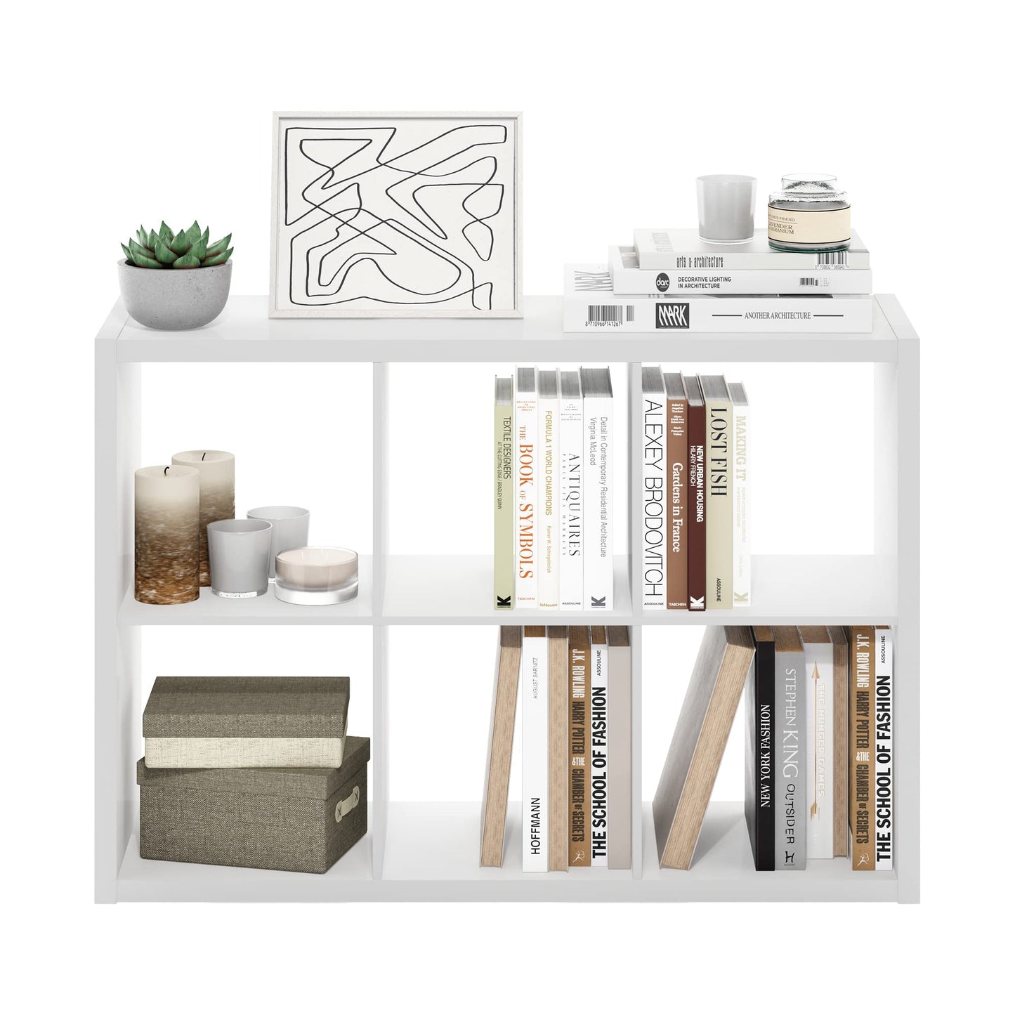 Furinno Cubicle Book Shelf, 6-Cube Bookshelf, Extra Thick Frame Horizontally & Vertically Reversible Bookcase with Open Back, 14.6" x 44" x 30", for Living Room, Bedroom, Home Office, White